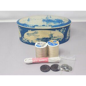 Vintage Droste Haarlem Holland Blue & Cream Metal Tin With Buttons Thread String